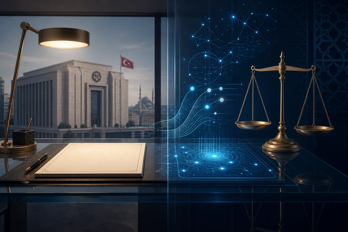 Adalet terazisi ve parlayan veri akışıyla yapay zeka avukat teknolojisinin dilekçe hazırlama süreci