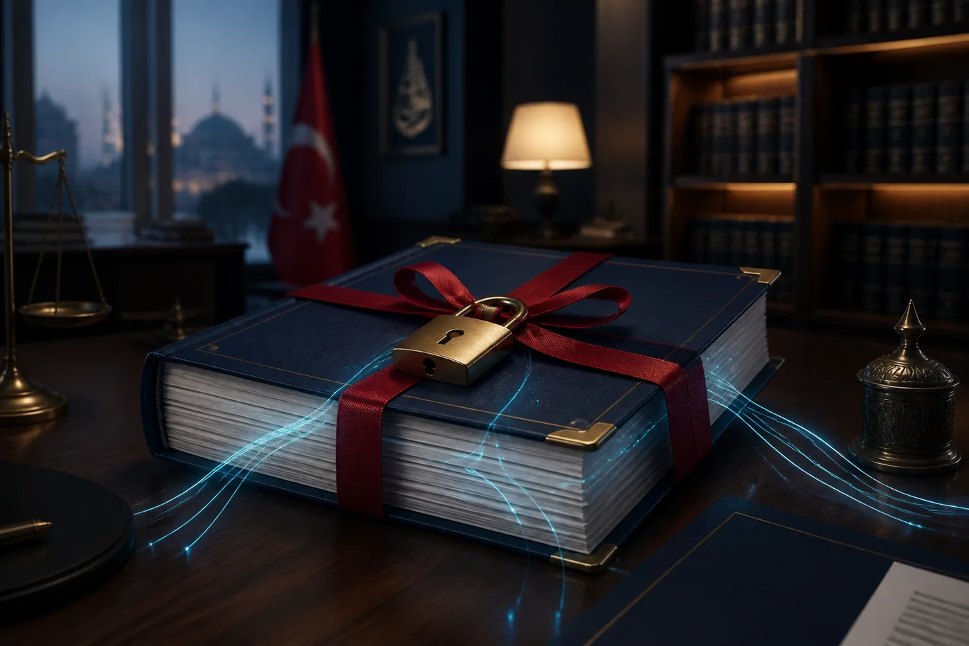 Avukat bilgi güvenliği ve sır saklama yükümlülüğünü temsil eden kilitli fiziki dava dosyası
