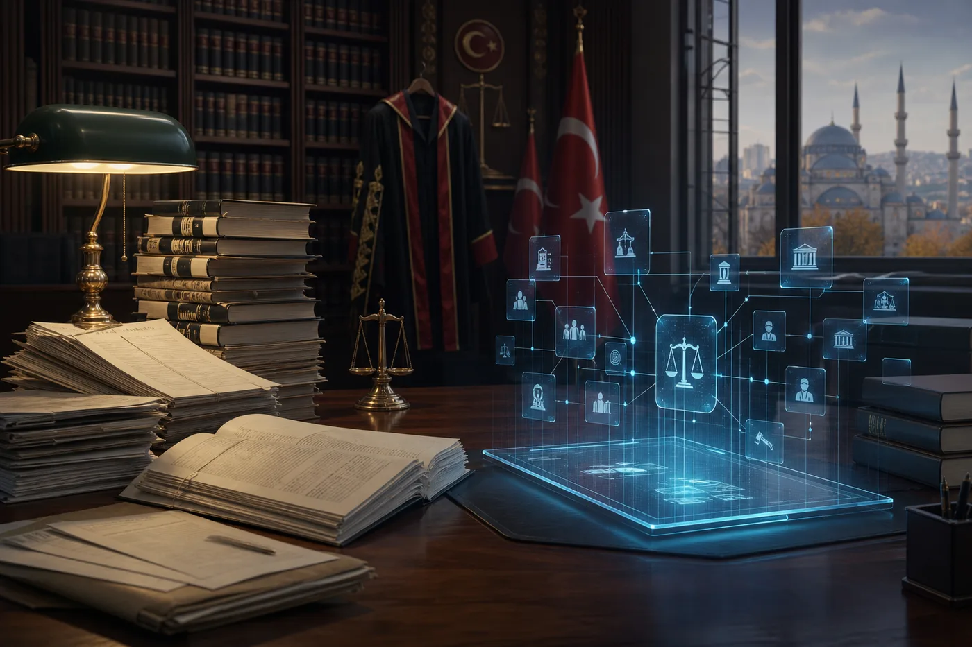 Geleneksel basılı karar ciltleri ile modern dijital içtihat arama ekranının yan yana duruşu.