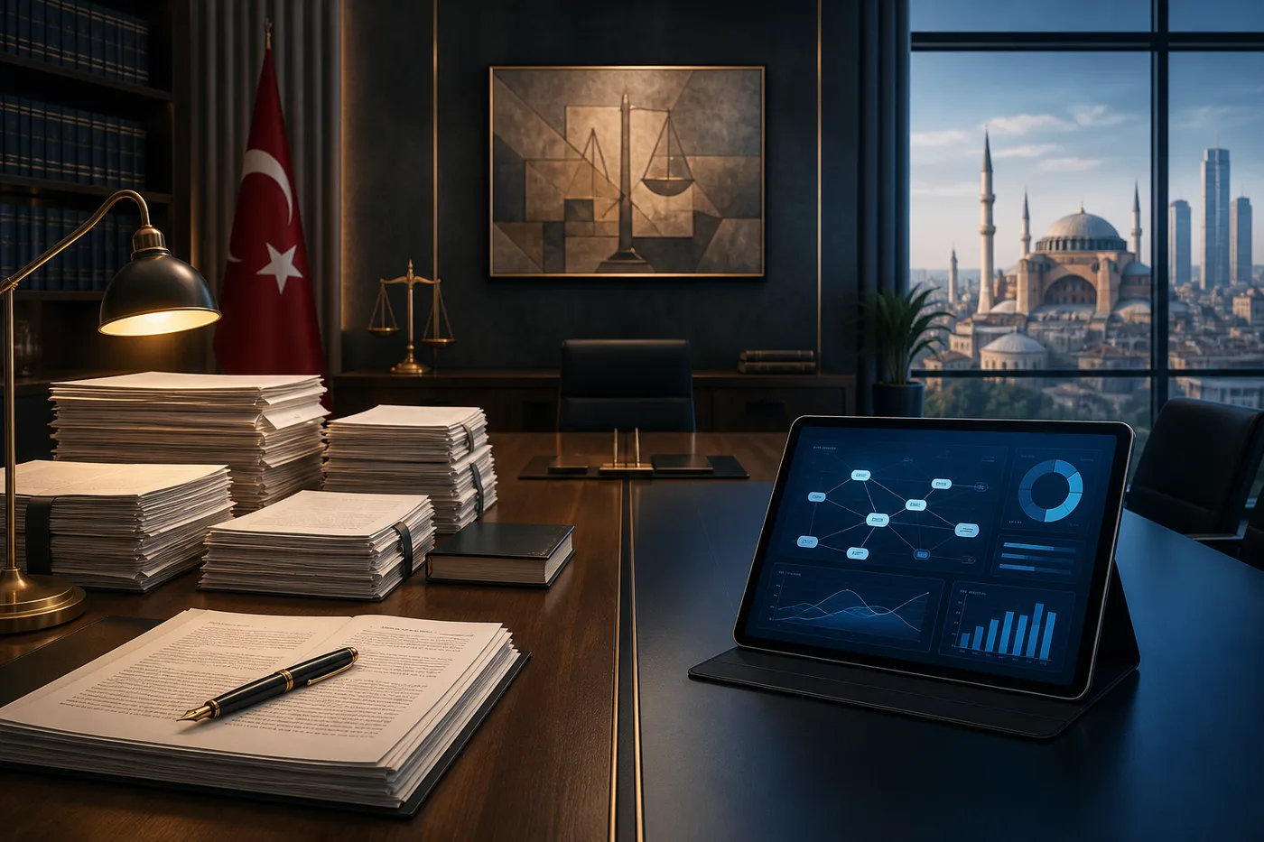 Yapay zeka destekli pratik ile geleneksel hukuk dosyalarının karşılaştırmalı masa düzeni.