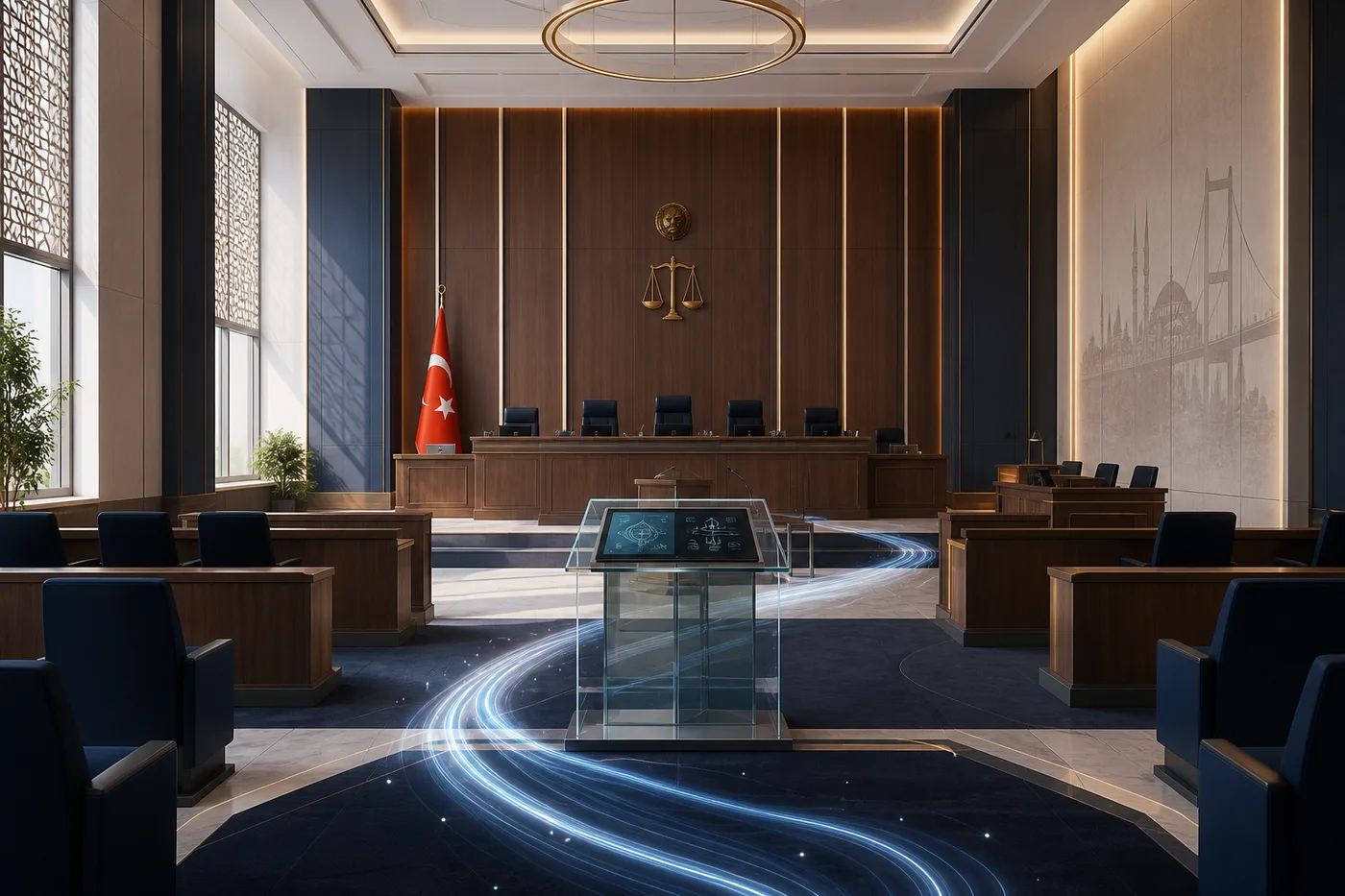 Türk yargı sisteminde dijitalleşmeyi simgeleyen modern ve teknolojik mahkeme salonu tasarımı.
